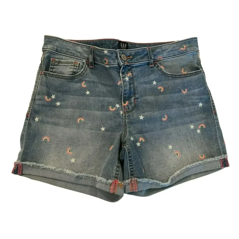 NWT GAP Girls Midi Denim Shorts Sz 12 PLUS Light Wash Rainbows Stars #500035